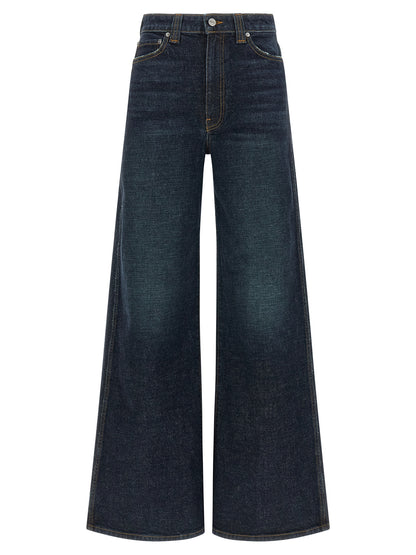 Jeans by Khaite for women in polyurethane leather & cotton denim blue features an refined tailoring silhouette, showcasing a premium flared & wide with a high rise and long cut for a refined tailoring look.