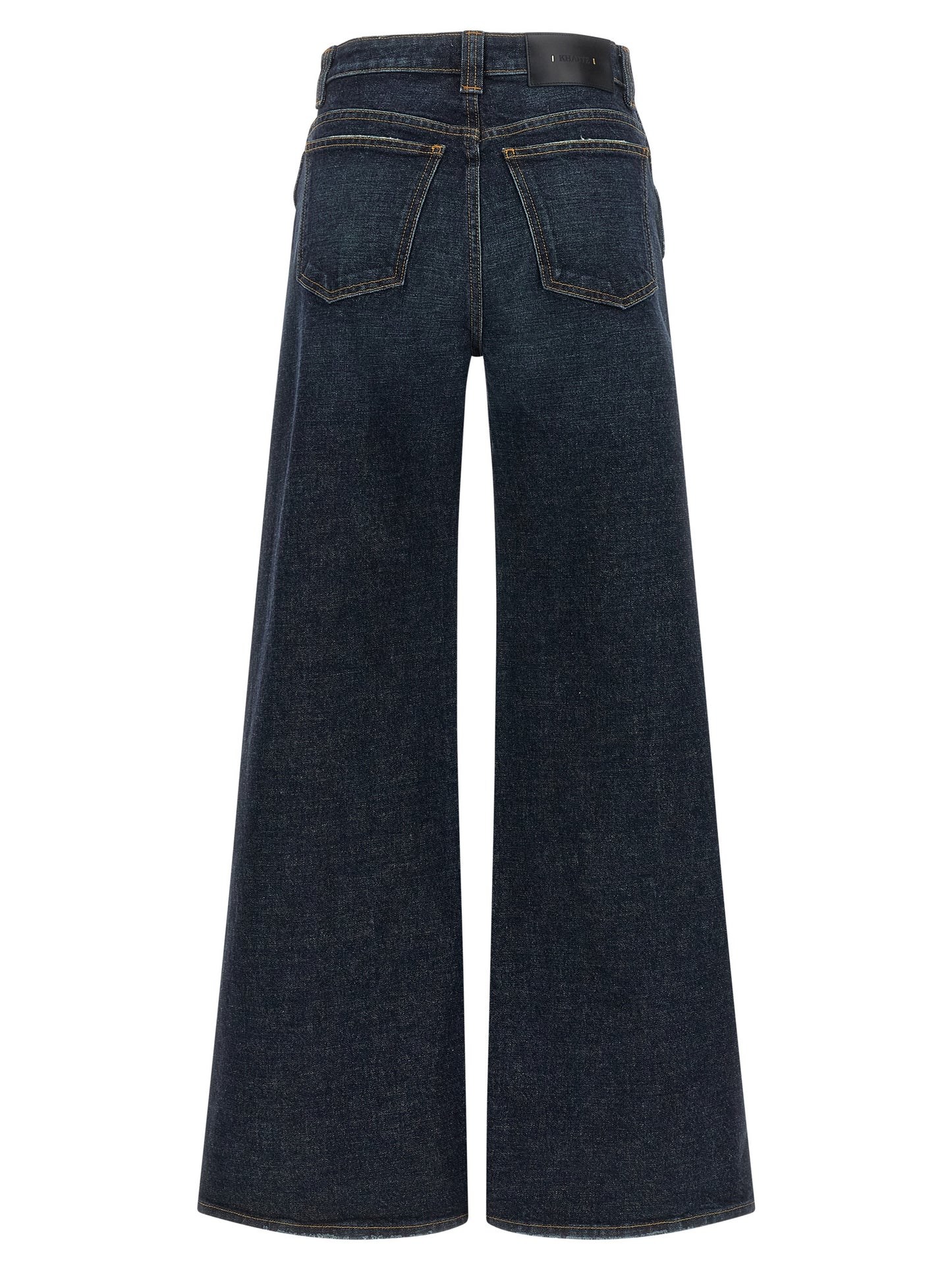 Jeans by Khaite for women in polyurethane leather & cotton denim blue features an sophisticated high rise and flared & wide with a precise long, creating a sophisticated and sophisticated silhouette.
