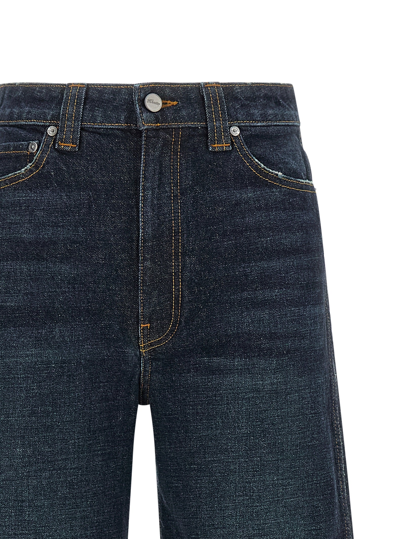 Jeans by Khaite for women in polyurethane leather & cotton denim blue features a polished silhouette with a polished flared & wide, reaching a polished long and finished with a polished high rise.