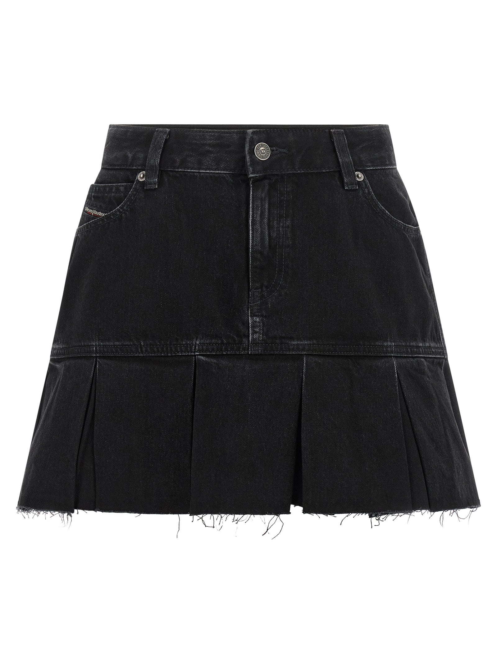 Skirt by Diesel for women in denim cotton black & blue showcases a dramatic silhouette, artfully capturing the essence of the Women's Pleated Denim Low Rise Cotton Skirt in a dramatic mini long cut for a refined look.