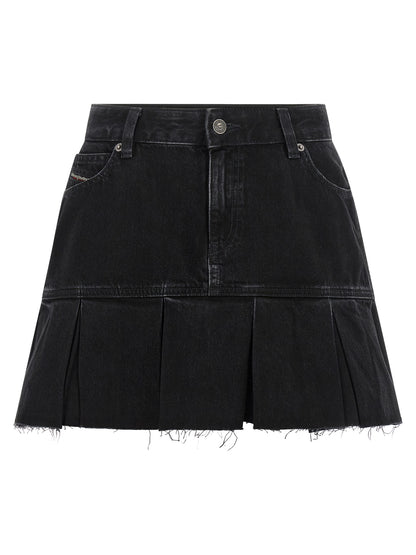 Skirt by Diesel for women in denim cotton black & blue showcases a dramatic silhouette, artfully capturing the essence of the Women's Pleated Denim Low Rise Cotton Skirt in a dramatic mini long cut for a refined look.