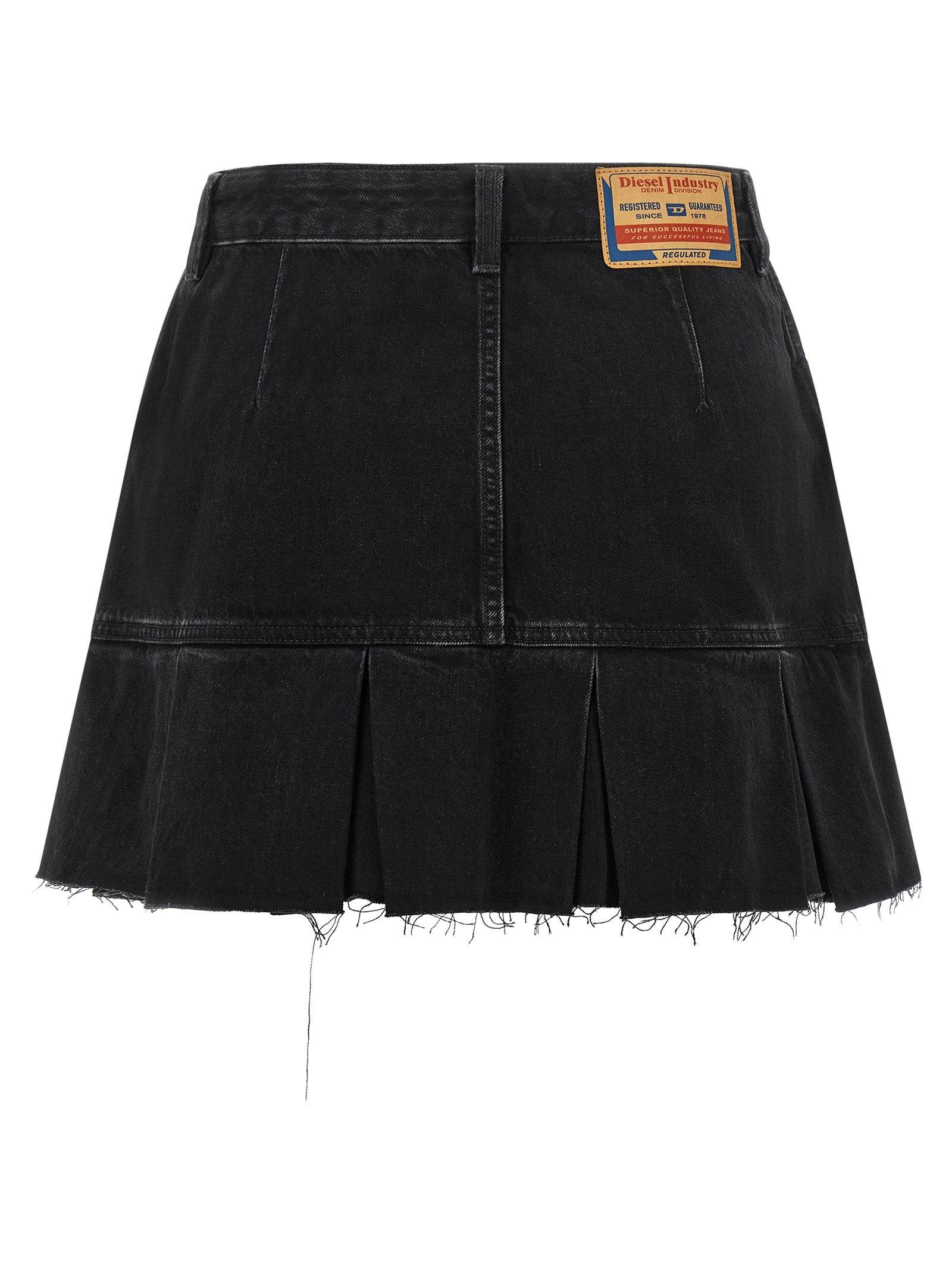 Skirt by Diesel for women in denim cotton black & blue features a sublime silhouette, showcasing the sublime design of the Women's Pleated Denim Low Rise Cotton Skirt in a sophisticated mini long.