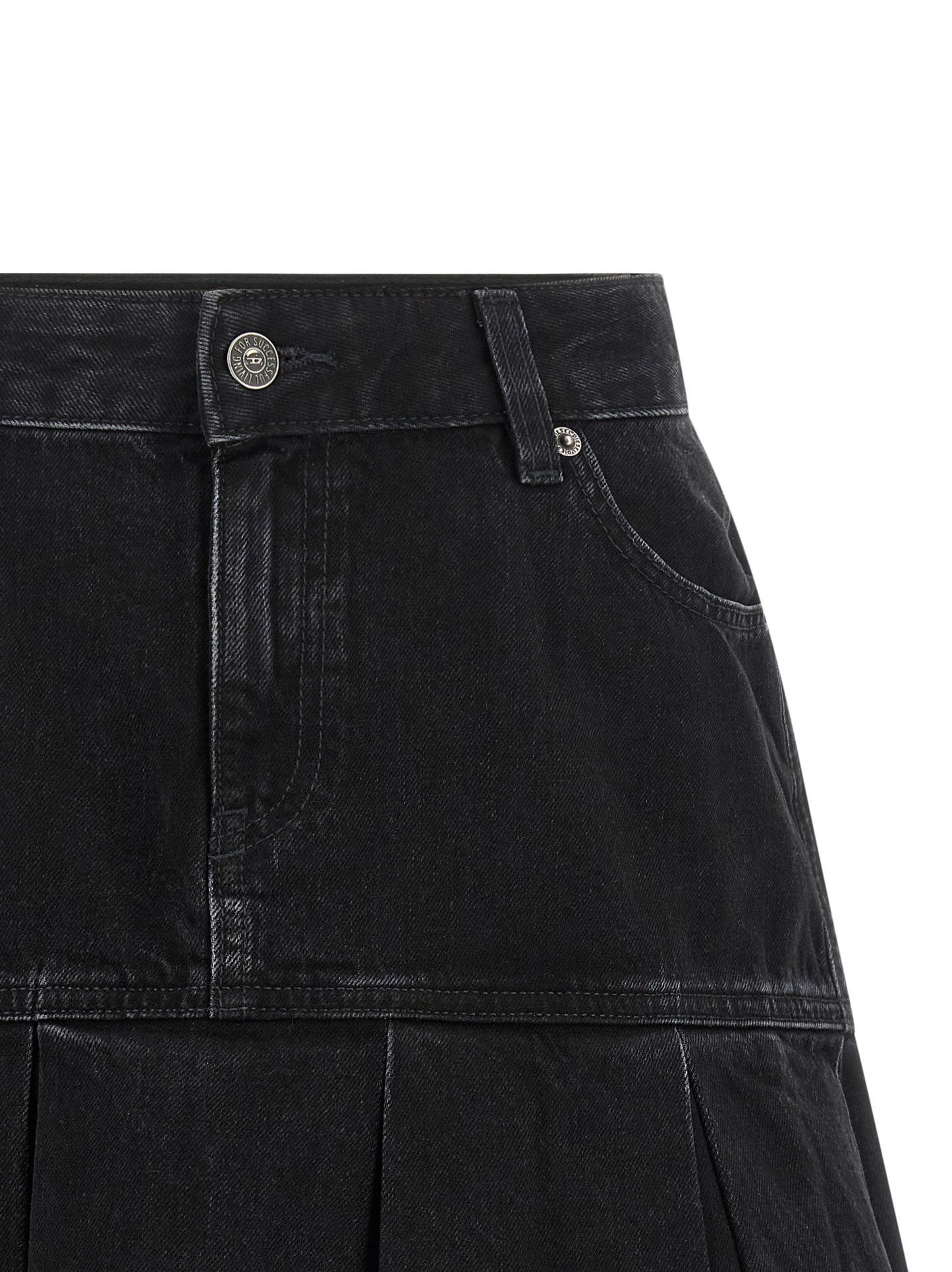Skirt by Diesel for women in denim cotton black & blue showcases a dramatic silhouette, artfully capturing the essence of the Women's Pleated Denim Low Rise Cotton Skirt in a dramatic mini long cut for a refined look.