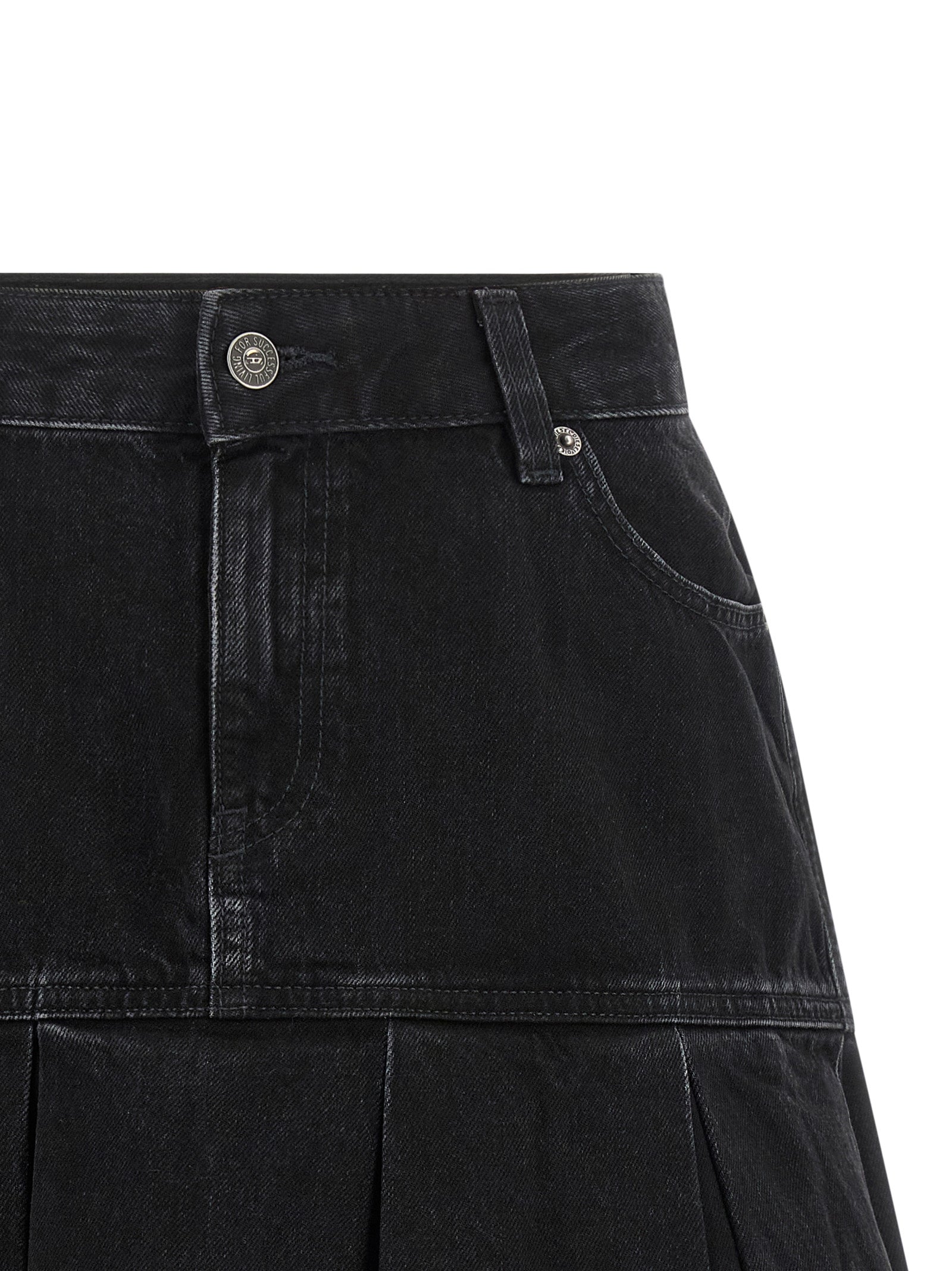 Skirt by Diesel for women in denim cotton black & blue showcases a dramatic silhouette, artfully capturing the essence of the Women's Pleated Denim Low Rise Cotton Skirt in a dramatic mini long cut for a refined look.