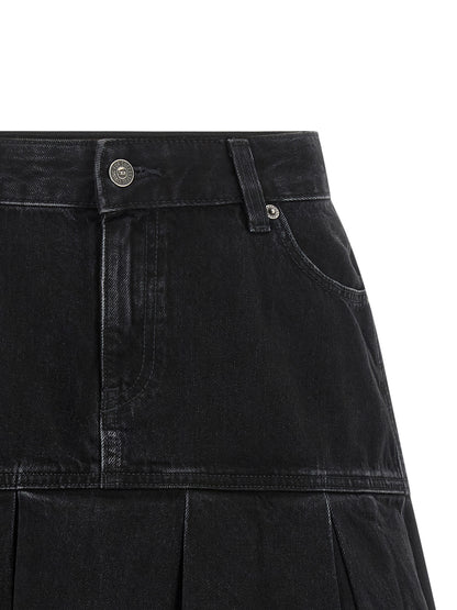 Skirt by Diesel for women in denim cotton black & blue showcases a dramatic silhouette, artfully capturing the essence of the Women's Pleated Denim Low Rise Cotton Skirt in a dramatic mini long cut for a refined look.