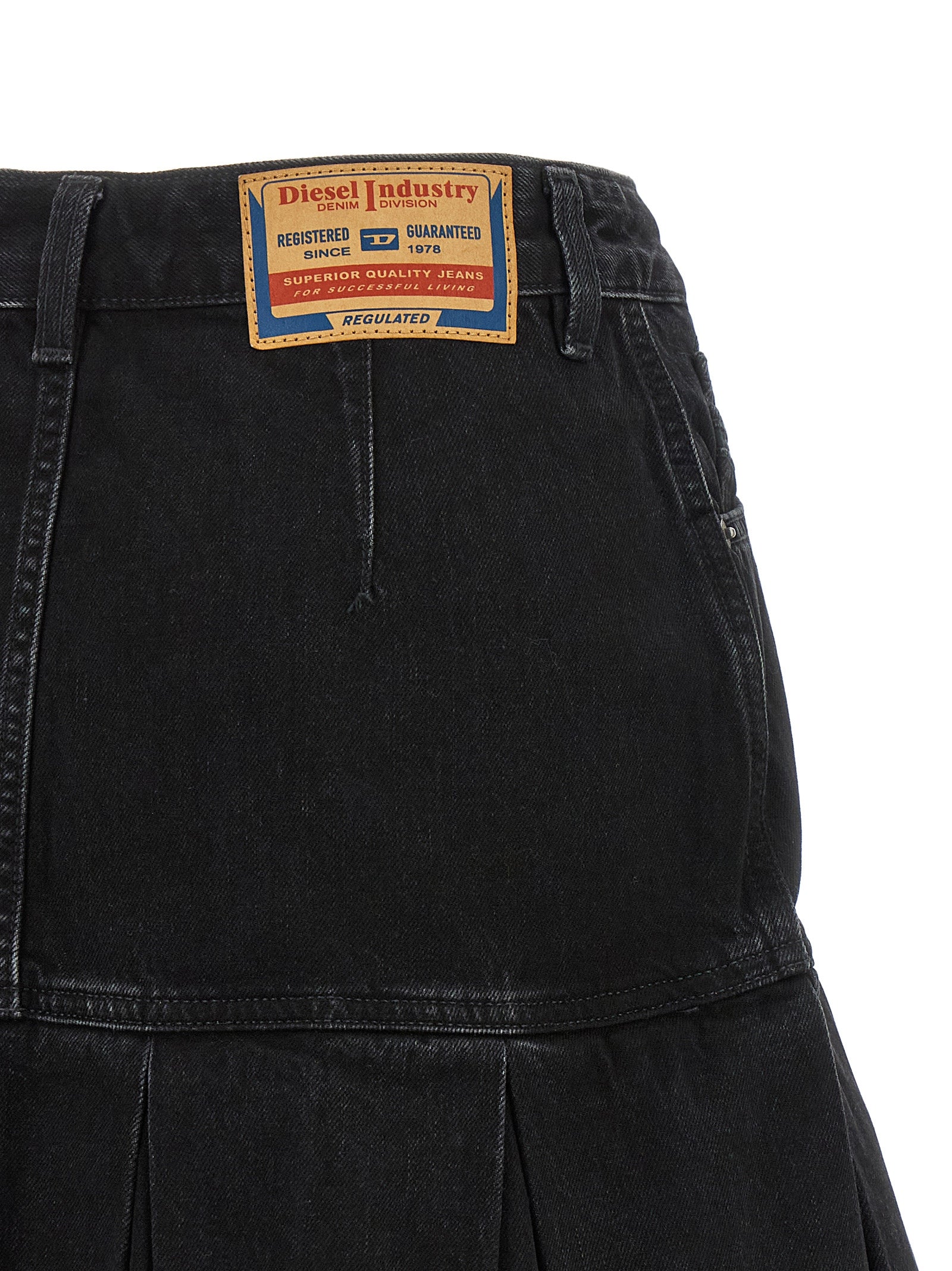 Skirt by Diesel for women in denim cotton black & blue features an tailored silhouette, artfully capturing the essence of Women's Pleated Denim Low Rise Cotton Skirt in a sophisticated mini long.