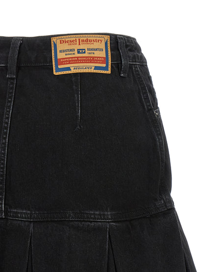 Skirt by Diesel for women in denim cotton black & blue features an tailored silhouette, artfully capturing the essence of Women's Pleated Denim Low Rise Cotton Skirt in a sophisticated mini long.