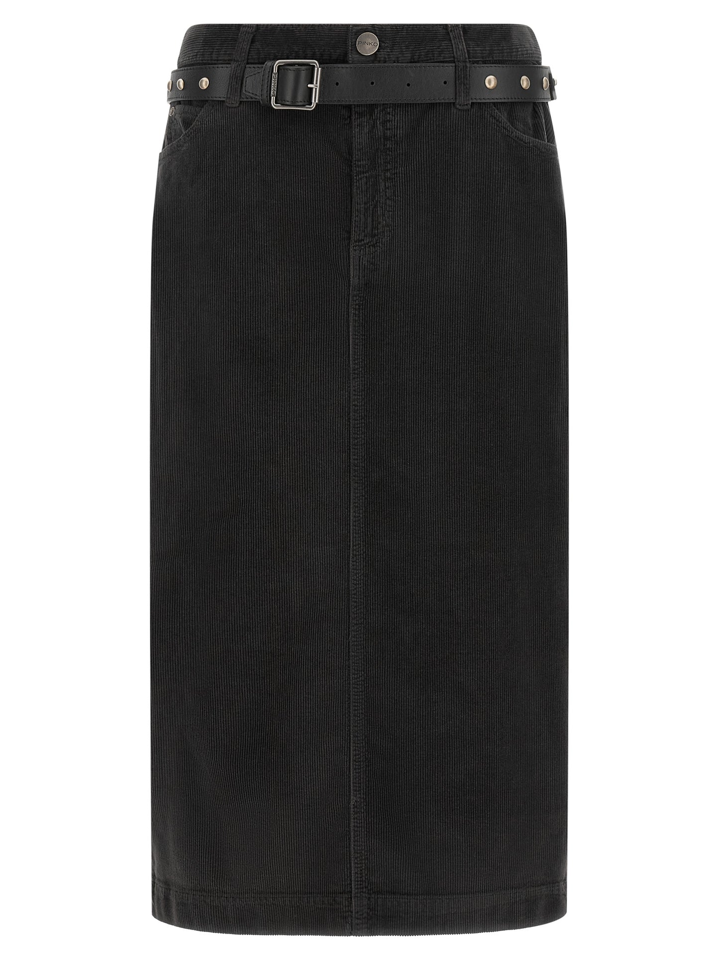 Skirt by PINKO for women in stretch cotton corduroy black features an tailored silhouette, artfully capturing the essence of Love Birds Women's Wrap Straight Stretch Cotton Corduroy Skirt in a sophisticated midi.