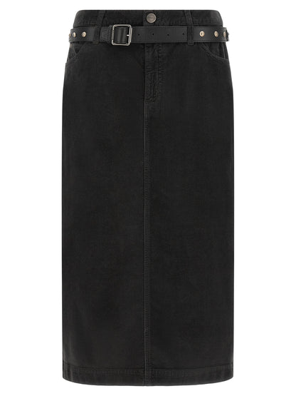Skirt by PINKO for women in stretch cotton corduroy black features an tailored silhouette, artfully capturing the essence of Love Birds Women's Wrap Straight Stretch Cotton Corduroy Skirt in a sophisticated midi.