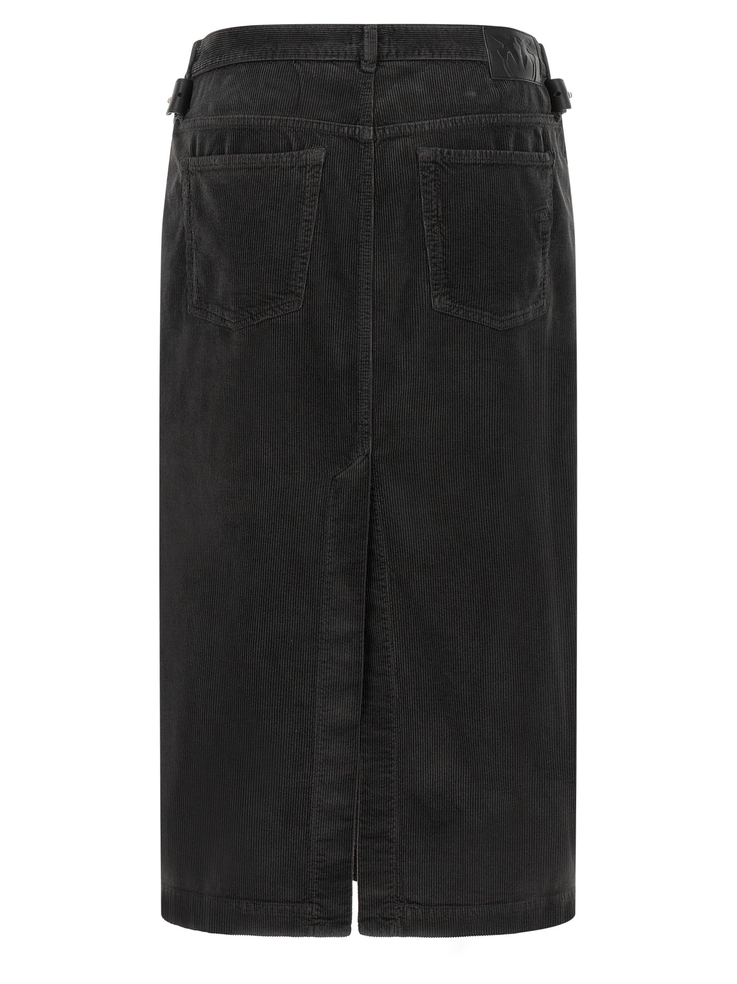 Skirt by PINKO for women in stretch cotton corduroy black features a contoured silhouette from the Love Birds Women's Wrap Straight Stretch Cotton Corduroy Skirt collection, characterized by its contoured midi for a contoured finish.