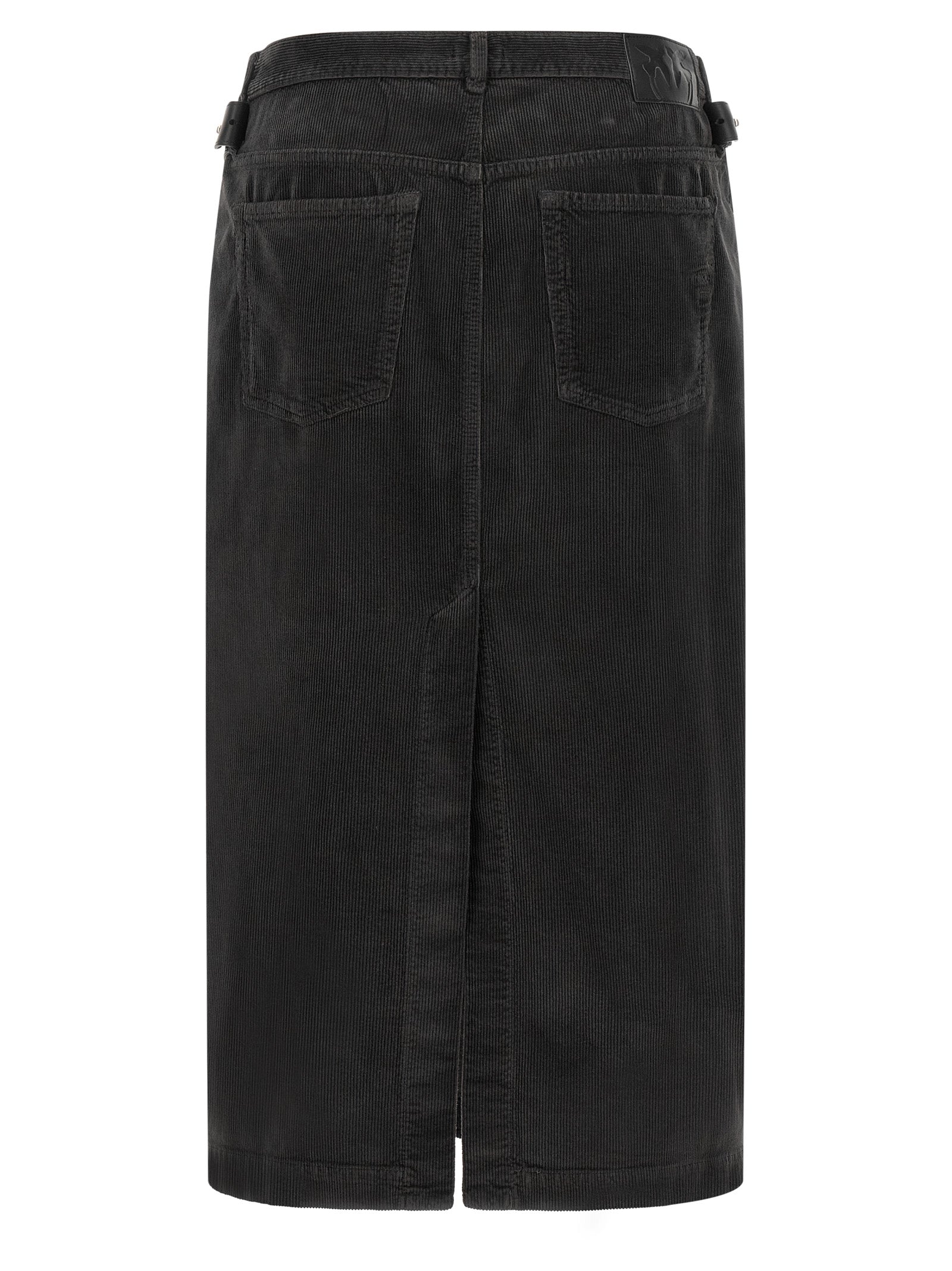 Skirt by PINKO for women in stretch cotton corduroy black features a contoured silhouette from the Love Birds Women's Wrap Straight Stretch Cotton Corduroy Skirt collection, characterized by its contoured midi for a contoured finish.