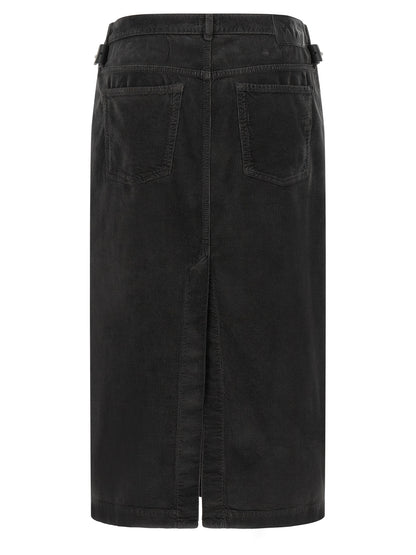 Skirt by PINKO for women in stretch cotton corduroy black features a contoured silhouette from the Love Birds Women's Wrap Straight Stretch Cotton Corduroy Skirt collection, characterized by its contoured midi for a contoured finish.