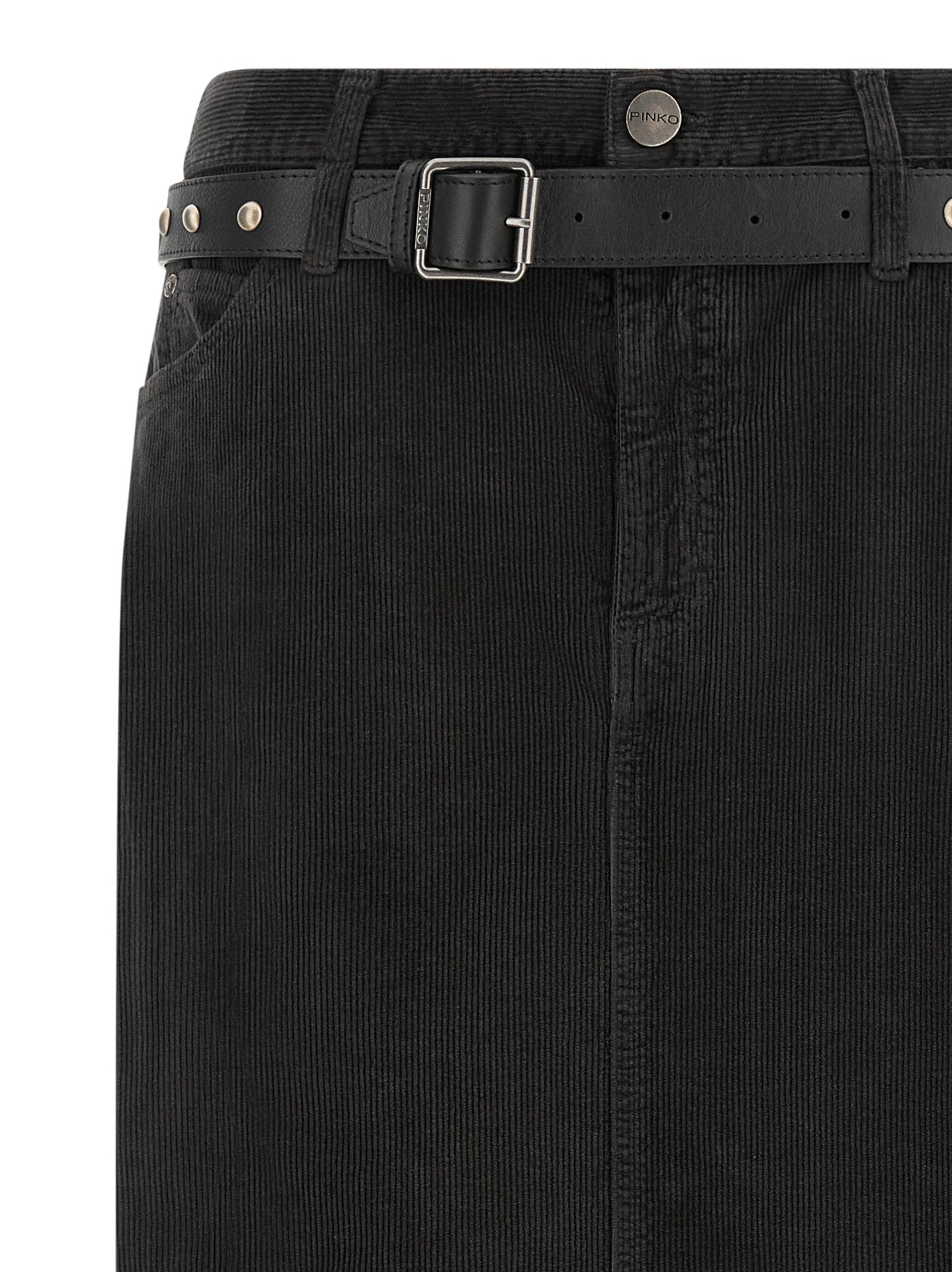Skirt by PINKO for women in stretch cotton corduroy black features a sublime silhouette, showcasing the sublime design of the Love Birds Women's Wrap Straight Stretch Cotton Corduroy Skirt in a sophisticated midi.