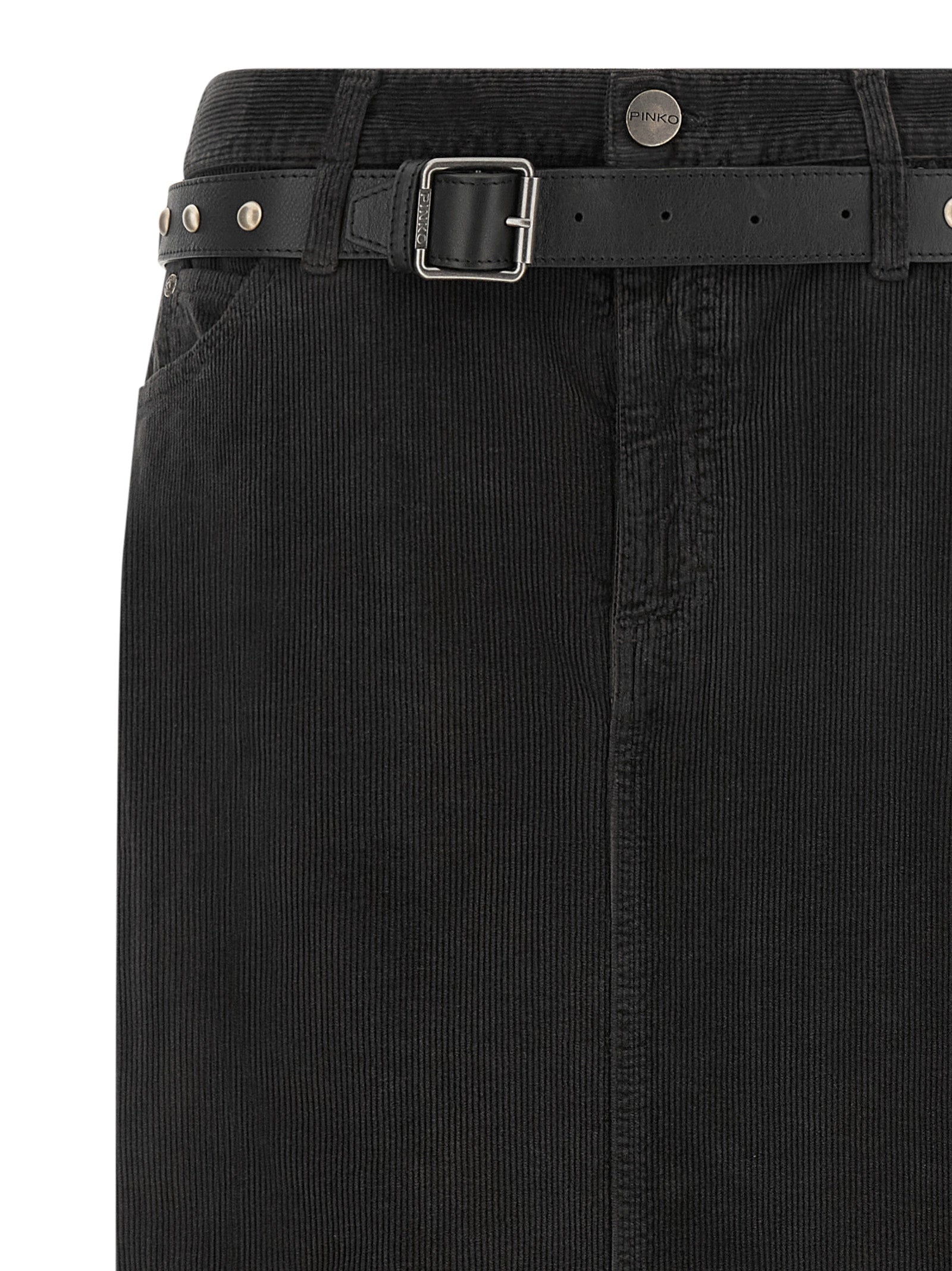 Skirt by PINKO for women in stretch cotton corduroy black features a sublime silhouette, showcasing the sublime design of the Love Birds Women's Wrap Straight Stretch Cotton Corduroy Skirt in a sophisticated midi.