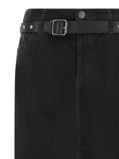 Skirt by PINKO for women in stretch cotton corduroy black features a sublime silhouette, showcasing the sublime design of the Love Birds Women's Wrap Straight Stretch Cotton Corduroy Skirt in a sophisticated midi.