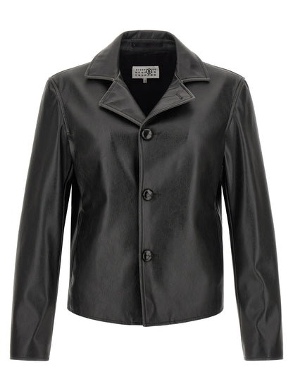 Jacket by MM6 Maison Margiela for men in polyester leather black & white presents a impeccable silhouette, showcasing distinct and a impeccable for a sophisticated finish.