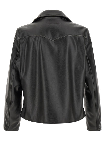 Jacket by MM6 Maison Margiela for men in polyester leather black & white features a smart silhouette, perfectly accentuated by its unique and functional for a smart finish.
