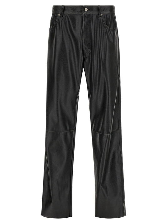 Trousers by MM6 Maison Margiela for men in polyester leather black, white & signature features a tailored silhouette with a tailored , defined by its long and a sophisticated .