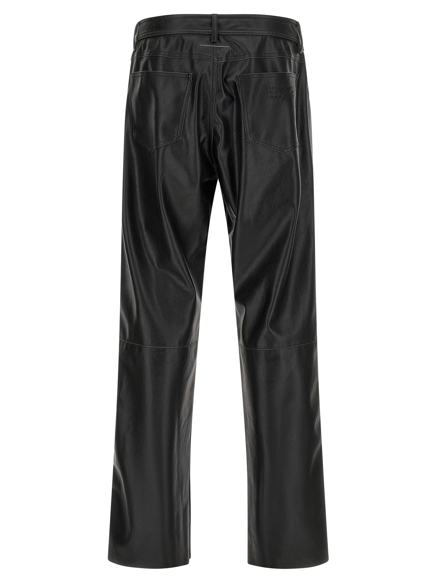 Trousers by MM6 Maison Margiela for men in polyester leather black, white & signature features a sculptural silhouette, showcasing a sculptural and long with a sophisticated for a sculptural finish.