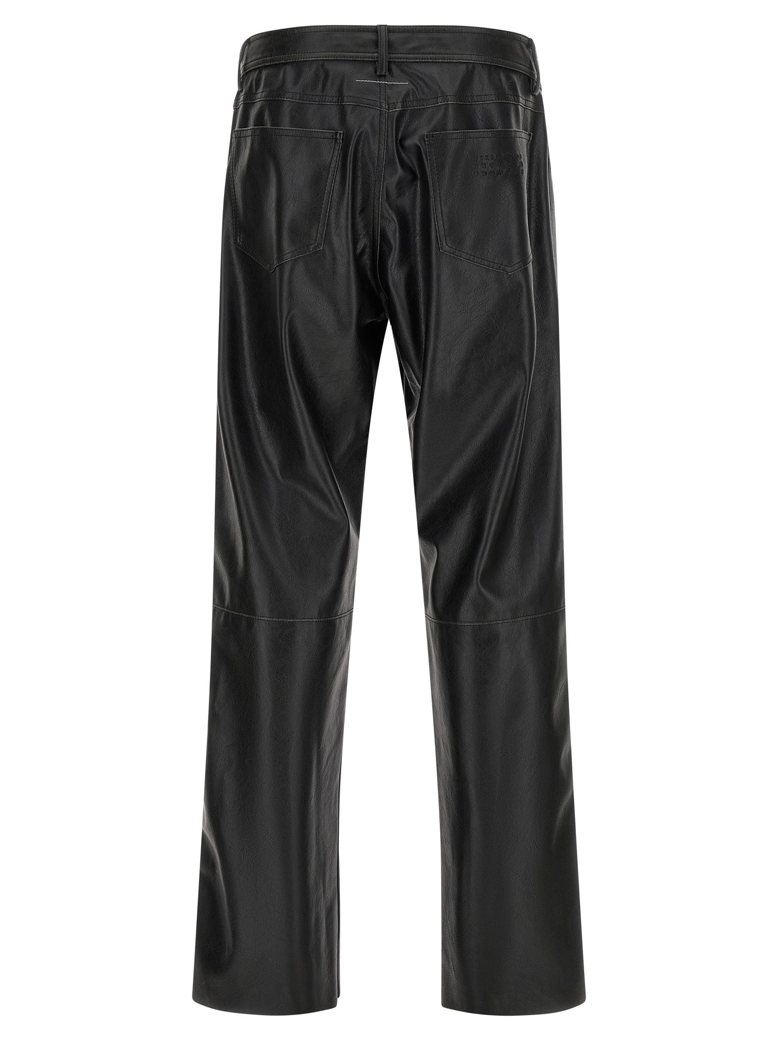 Trousers by MM6 Maison Margiela for men in polyester leather black, white & signature features a sculptural silhouette, showcasing a sculptural and long with a sophisticated for a sculptural finish.