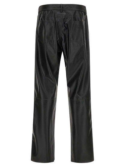 Trousers by MM6 Maison Margiela for men in polyester leather black, white & signature features a sculptural silhouette, showcasing a sculptural and long with a sophisticated for a sculptural finish.