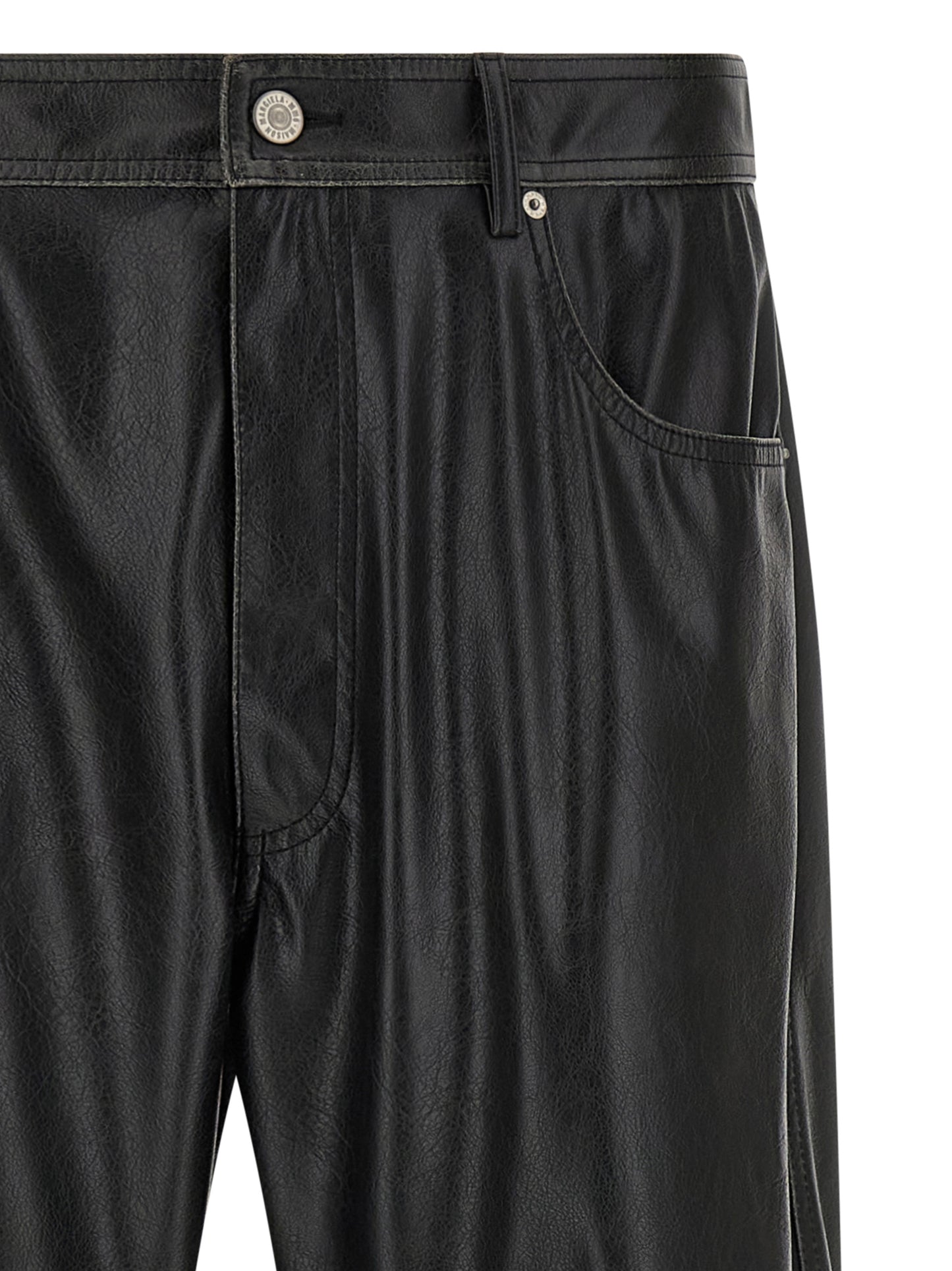 Trousers by MM6 Maison Margiela for men in polyester leather black, white & signature features a artisanal silhouette, showcasing a sophisticated with a long and for a artisanal finish.
