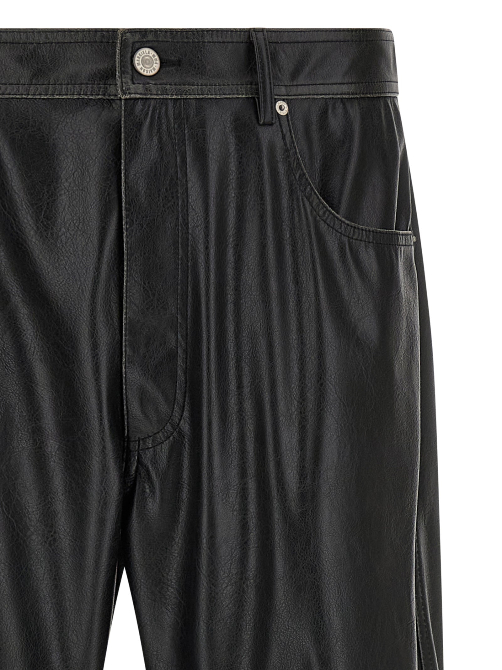 Trousers by MM6 Maison Margiela for men in polyester leather black, white & signature features a artisanal silhouette, showcasing a sophisticated with a long and for a artisanal finish.