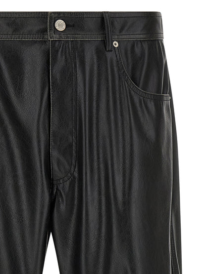 Trousers by MM6 Maison Margiela for men in polyester leather black, white & signature features a artisanal silhouette, showcasing a sophisticated with a long and for a artisanal finish.