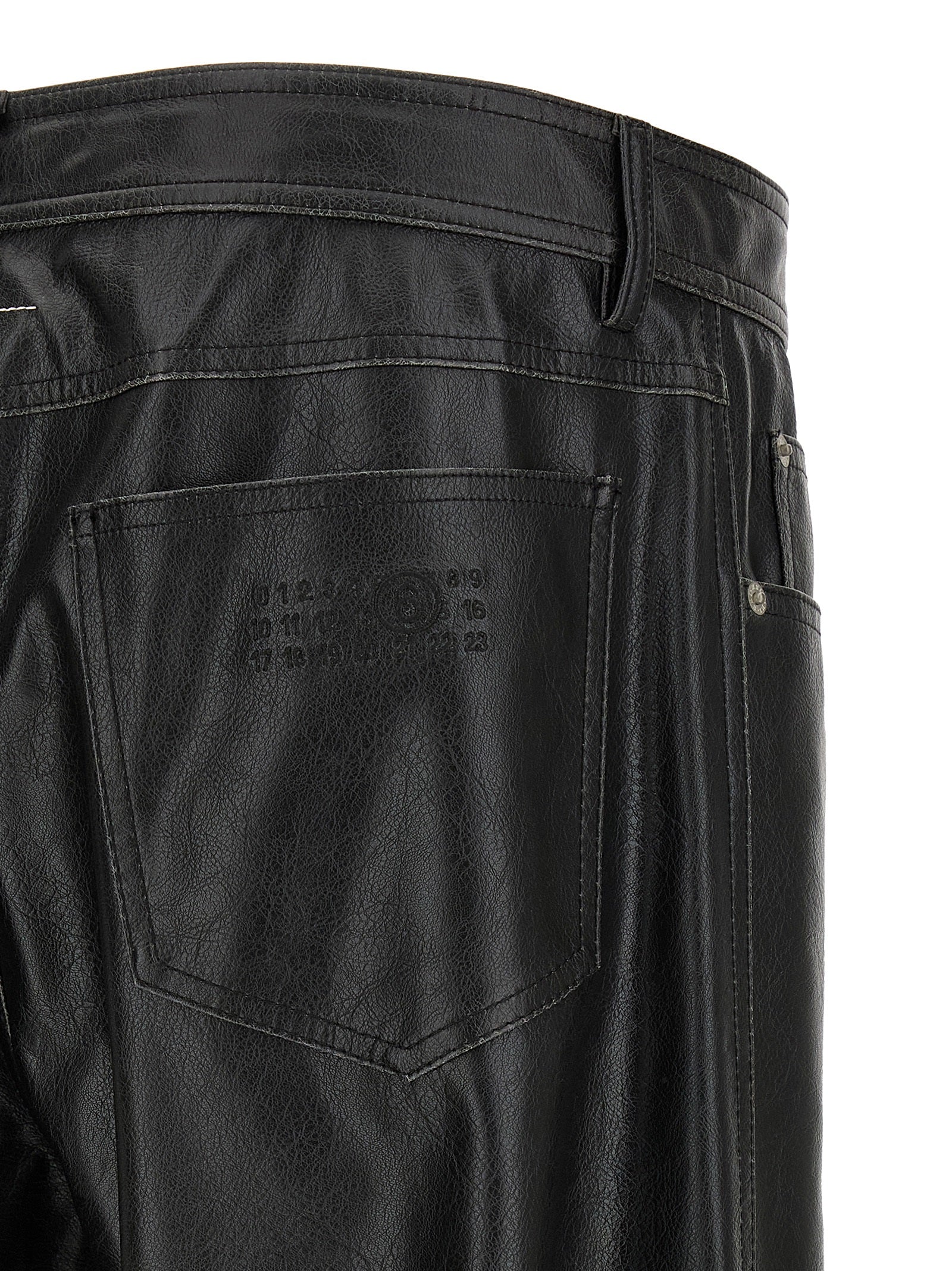 Trousers by MM6 Maison Margiela for men in polyester leather black, white & signature features a sculptural silhouette, showcasing a sculptural and long with a sophisticated for a sculptural finish.