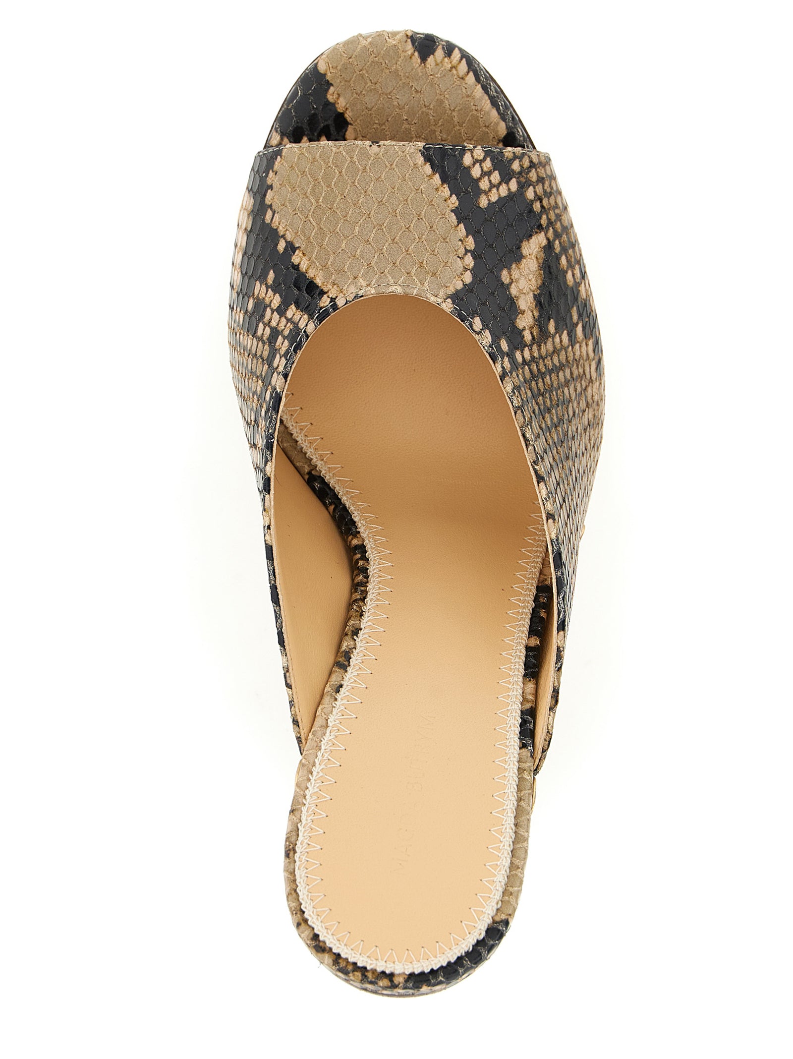 Wedge Mules Sandals by Magda Butrym for women in bos taurus calfskin python leather brown, gold, natural & print presents a sculptural silhouette, showcasing the Women's Bos Taurus Calfskin Python Leather Wedge Mules Sandals design with a sculptural wedge and for a premium look.
