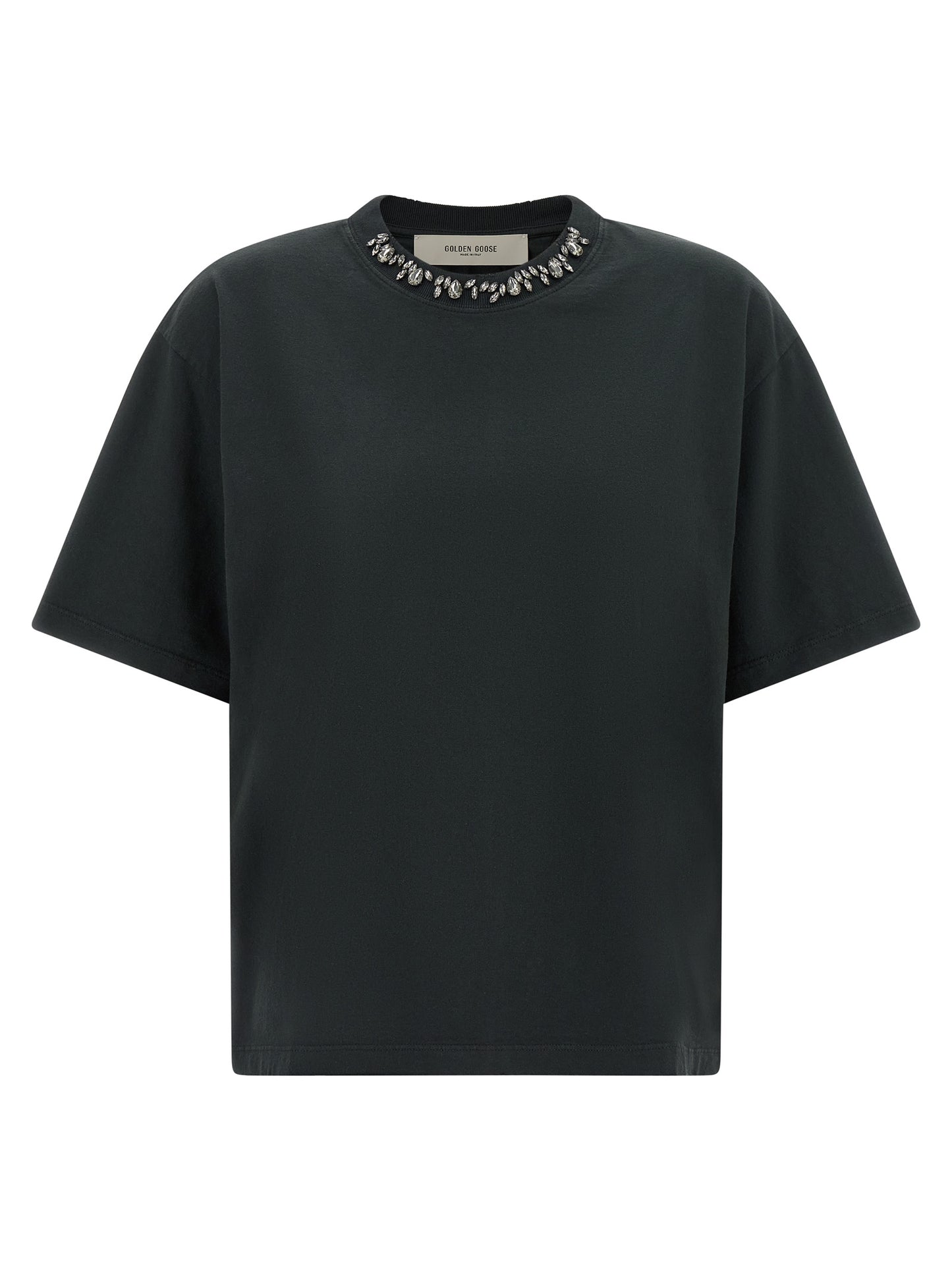 T-Shirt by Golden Goose for women in organic cotton black & signature features an edgy silhouette, meticulously detailed with a sophisticated and crew neckline for a truly edgy finish.