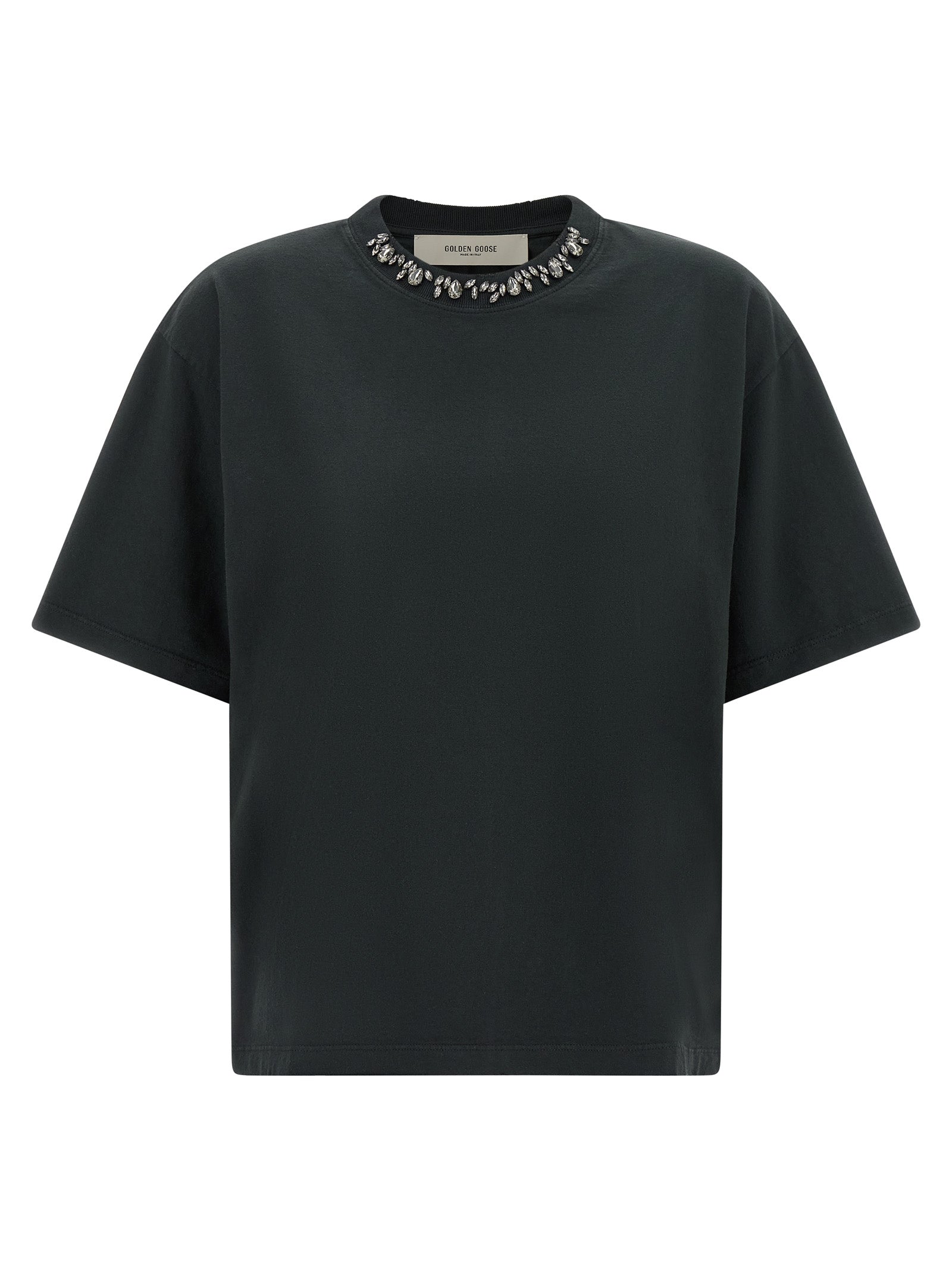 T-Shirt by Golden Goose for women in organic cotton black & signature features an edgy silhouette, meticulously detailed with a sophisticated and crew neckline for a truly edgy finish.