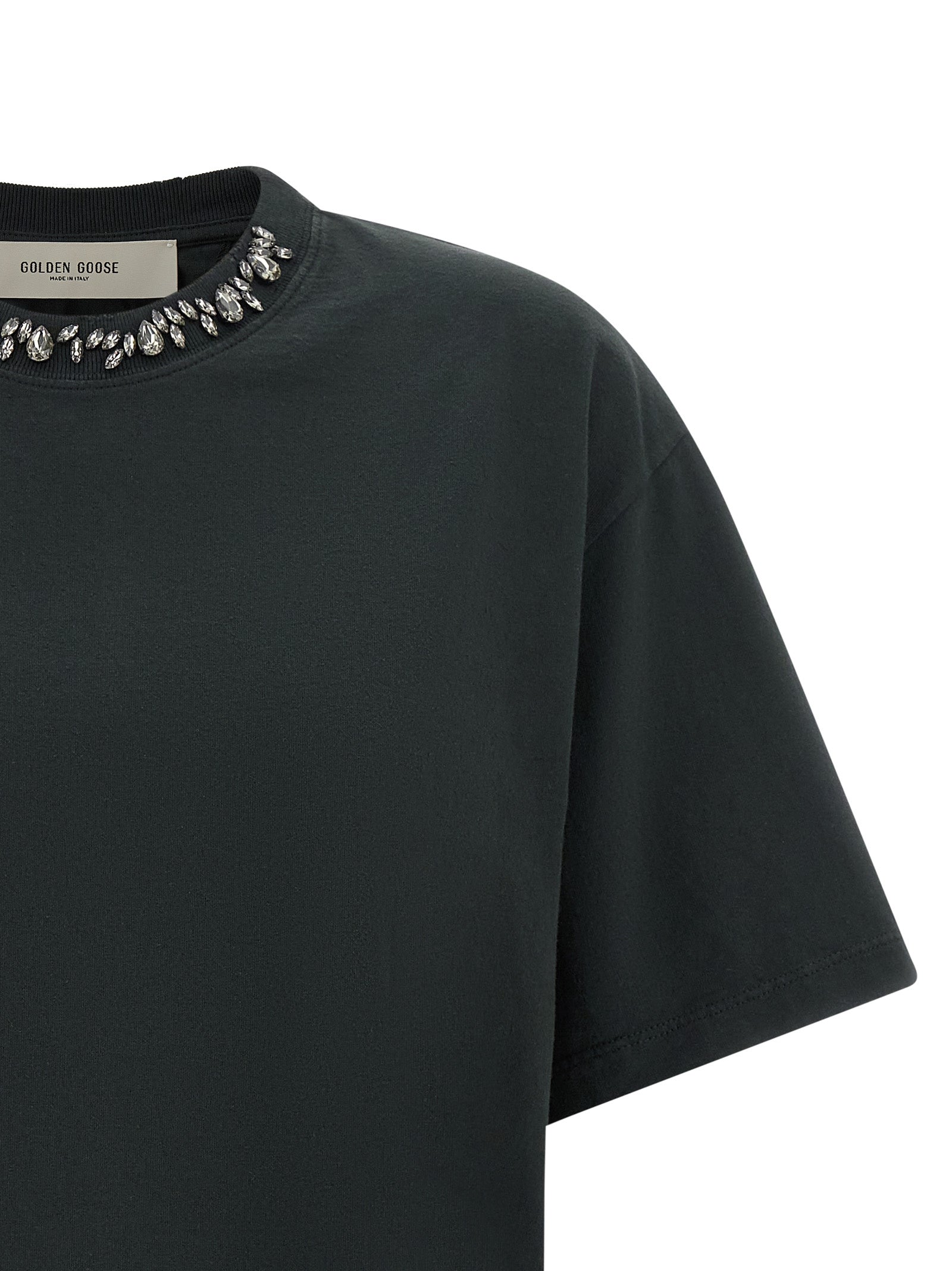 T-Shirt by Golden Goose for women in organic cotton black & signature showcases a fashionable silhouette, elegantly detailed with a fashionable and crew neckline for a sophisticated, high-fashion look.