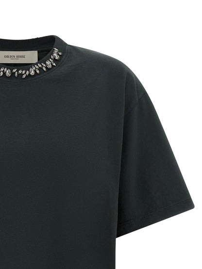 T-Shirt by Golden Goose for women in organic cotton black & signature showcases a fashionable silhouette, elegantly detailed with a fashionable and crew neckline for a sophisticated, high-fashion look.