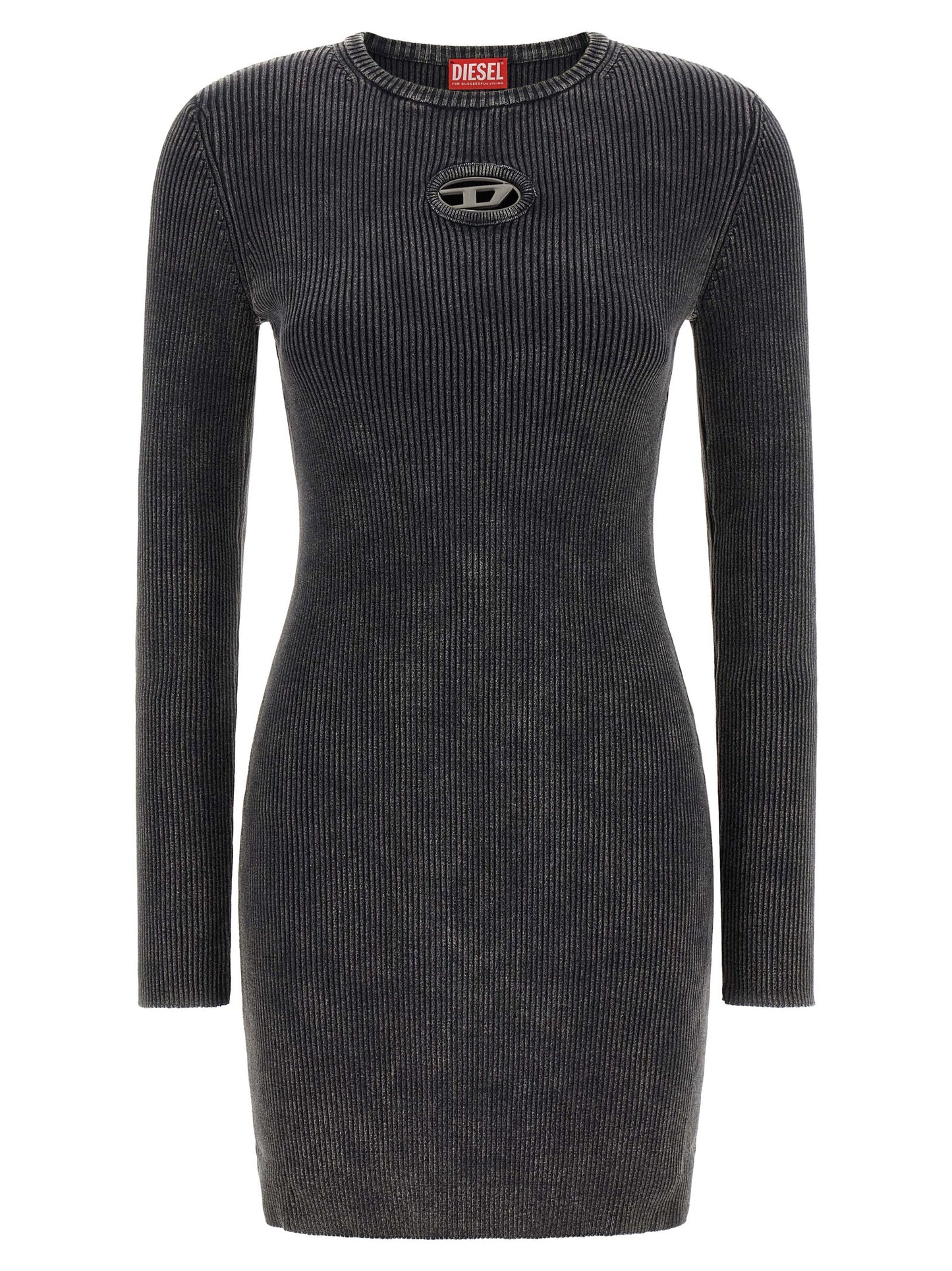 Dress by Diesel for women in cotton black features a dramatic silhouette, showcasing an elegant round neckline and long-sleeve that flows into a dramatic short mini.