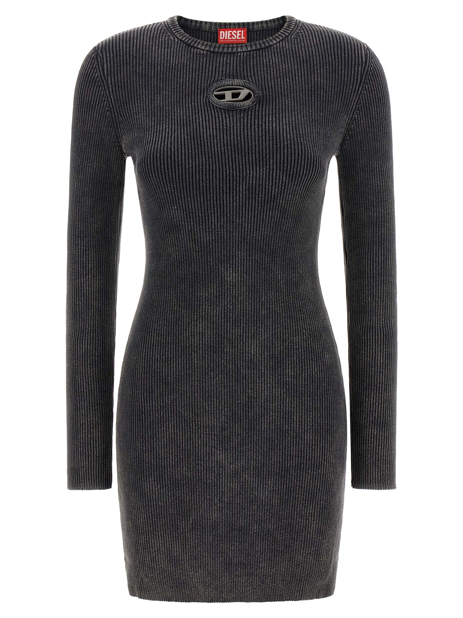Dress by Diesel for women in cotton black features a dramatic silhouette, showcasing an elegant round neckline and long-sleeve that flows into a dramatic short mini.