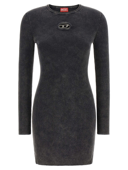 Dress by Diesel for women in cotton black features a dramatic silhouette, showcasing an elegant round neckline and long-sleeve that flows into a dramatic short mini.
