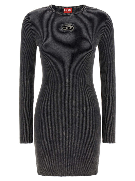 Dress by Diesel for women in cotton black features a dramatic silhouette, showcasing an elegant round neckline and long-sleeve that flows into a dramatic short mini.