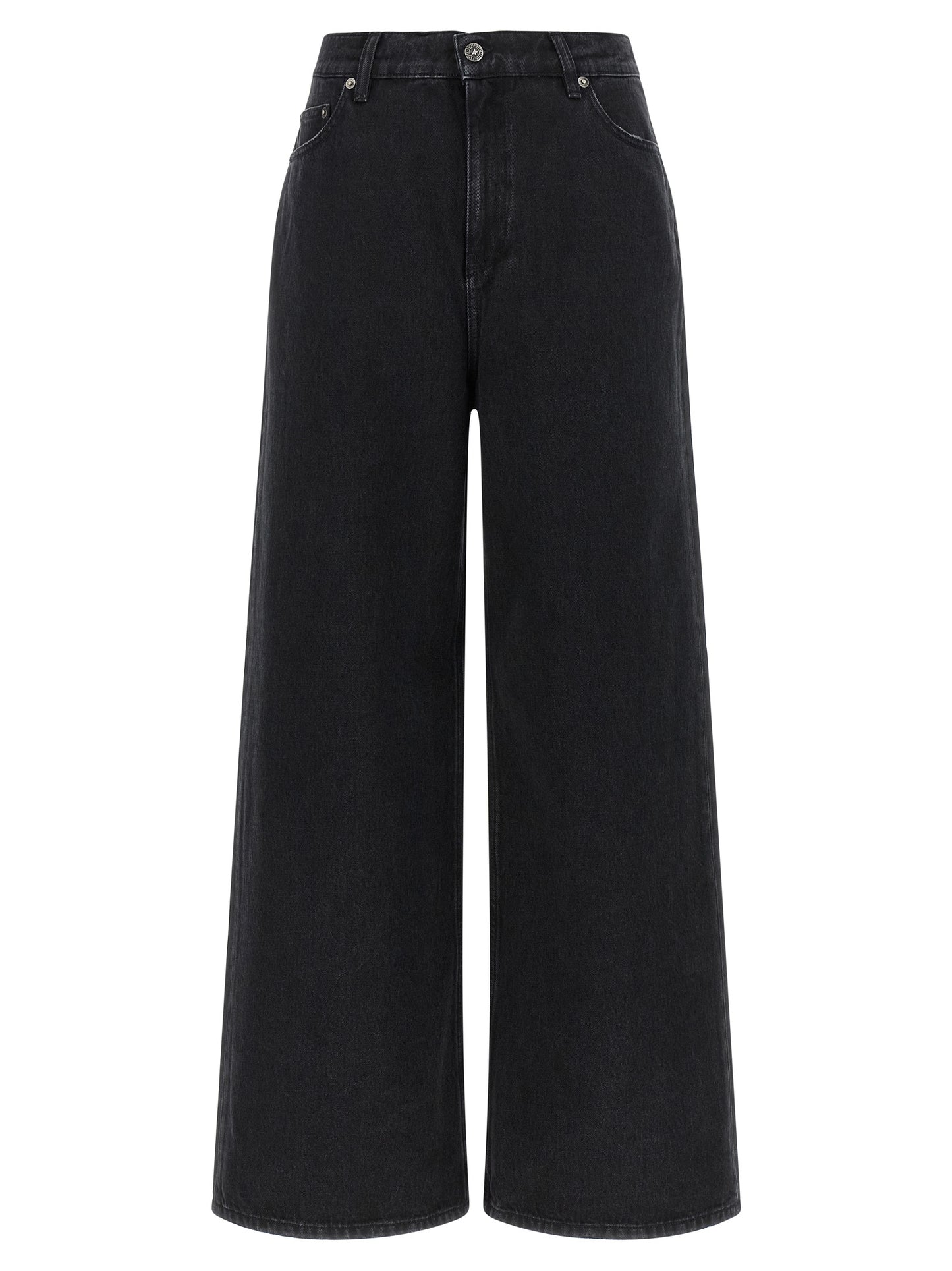 Jeans by Golden Goose for women in denim cotton black presents a tailored silhouette, showcasing a tailored flared, relaxed-fit & wide and long cut with a refined for a truly tailored aesthetic.