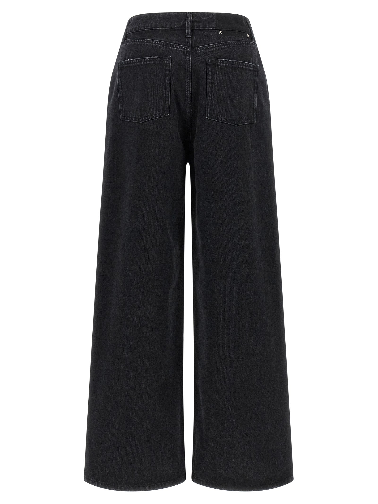 Jeans by Golden Goose for women in denim cotton black features a polished silhouette with a polished flared, relaxed-fit & wide, reaching a polished long and finished with a polished .