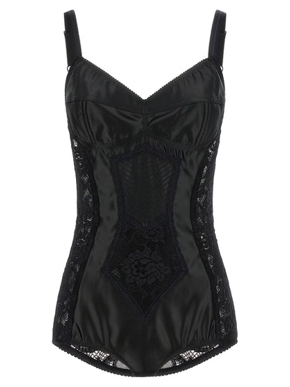 Corset Top by Dolce & Gabbana for women in polyamide polyester satin black & floral showcases a meticulous silhouette, artfully finished with a meticulous sweetheart neckline and for a sophisticated, meticulous look.