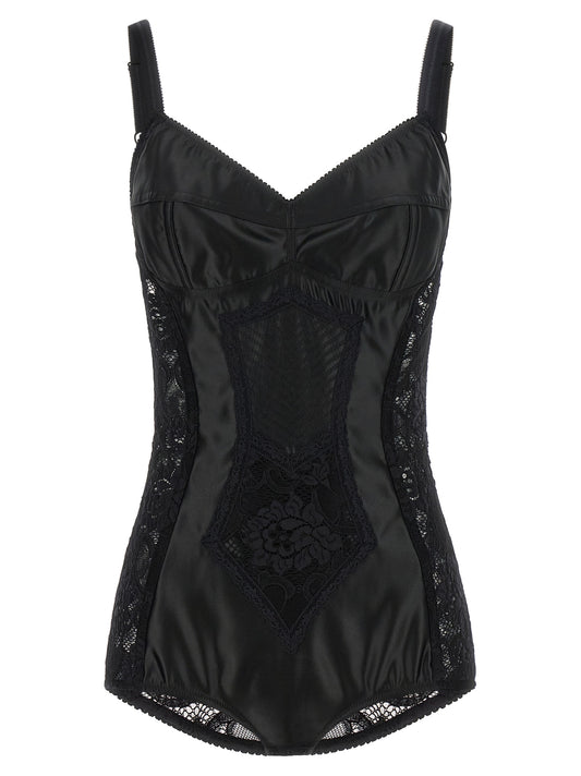 Corset Top by Dolce & Gabbana for women in polyamide polyester satin black & floral showcases a meticulous silhouette, artfully finished with a meticulous sweetheart neckline and for a sophisticated, meticulous look.