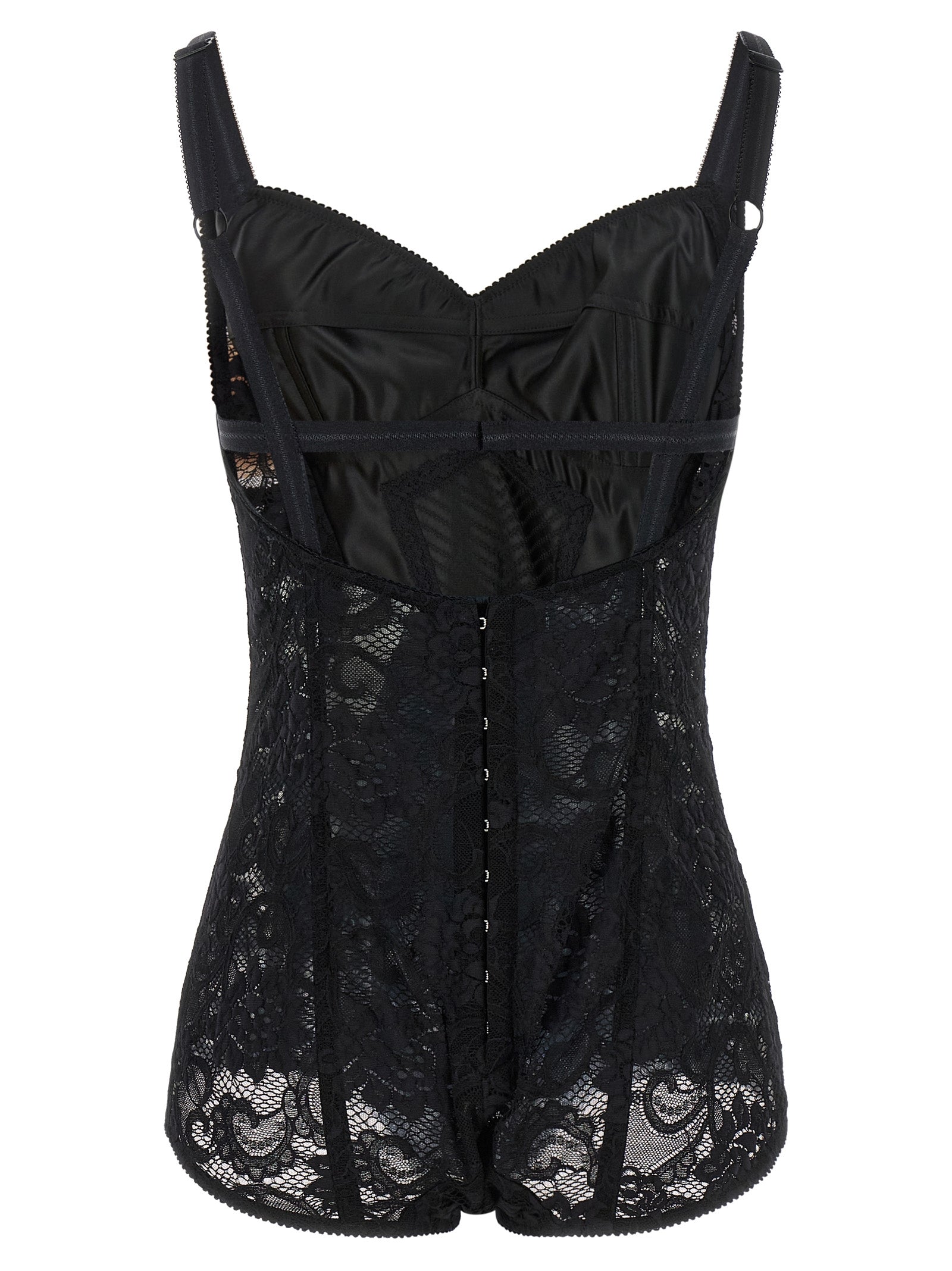 Corset Top by Dolce & Gabbana for women in polyamide polyester satin black & floral features an bespeak silhouette, showcasing an bespeak and bespeak sweetheart neckline for a truly sophisticated look.