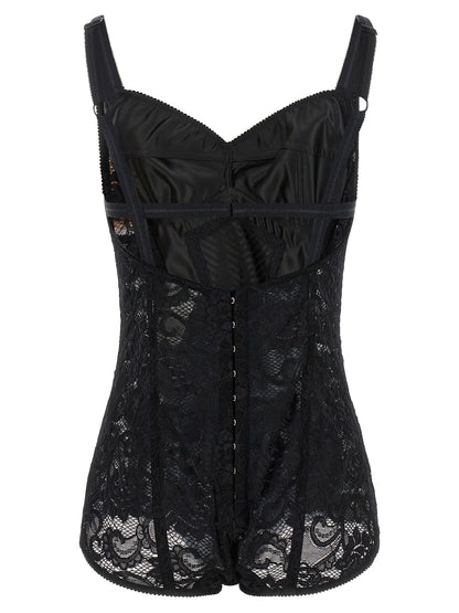 Corset Top by Dolce & Gabbana for women in polyamide polyester satin black & floral features an bespeak silhouette, showcasing an bespeak and bespeak sweetheart neckline for a truly sophisticated look.