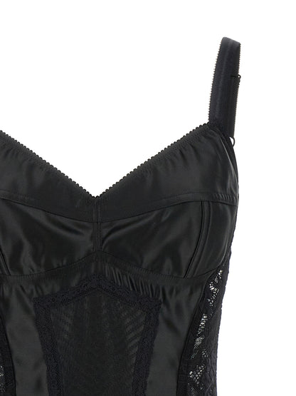 Corset Top by Dolce & Gabbana for women in polyamide polyester satin black & floral showcases a sublime silhouette, with and sweetheart neckline details for a sublime finish.