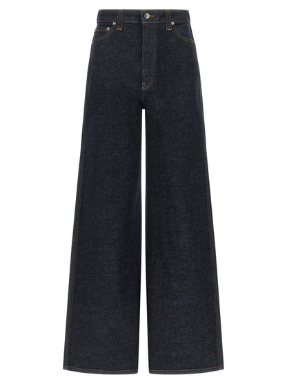 Khaite Women's Flared Wide High Rise Polyurethane Denim Cotton & Leather Jeans - Blue Indigo Mustard Signature
