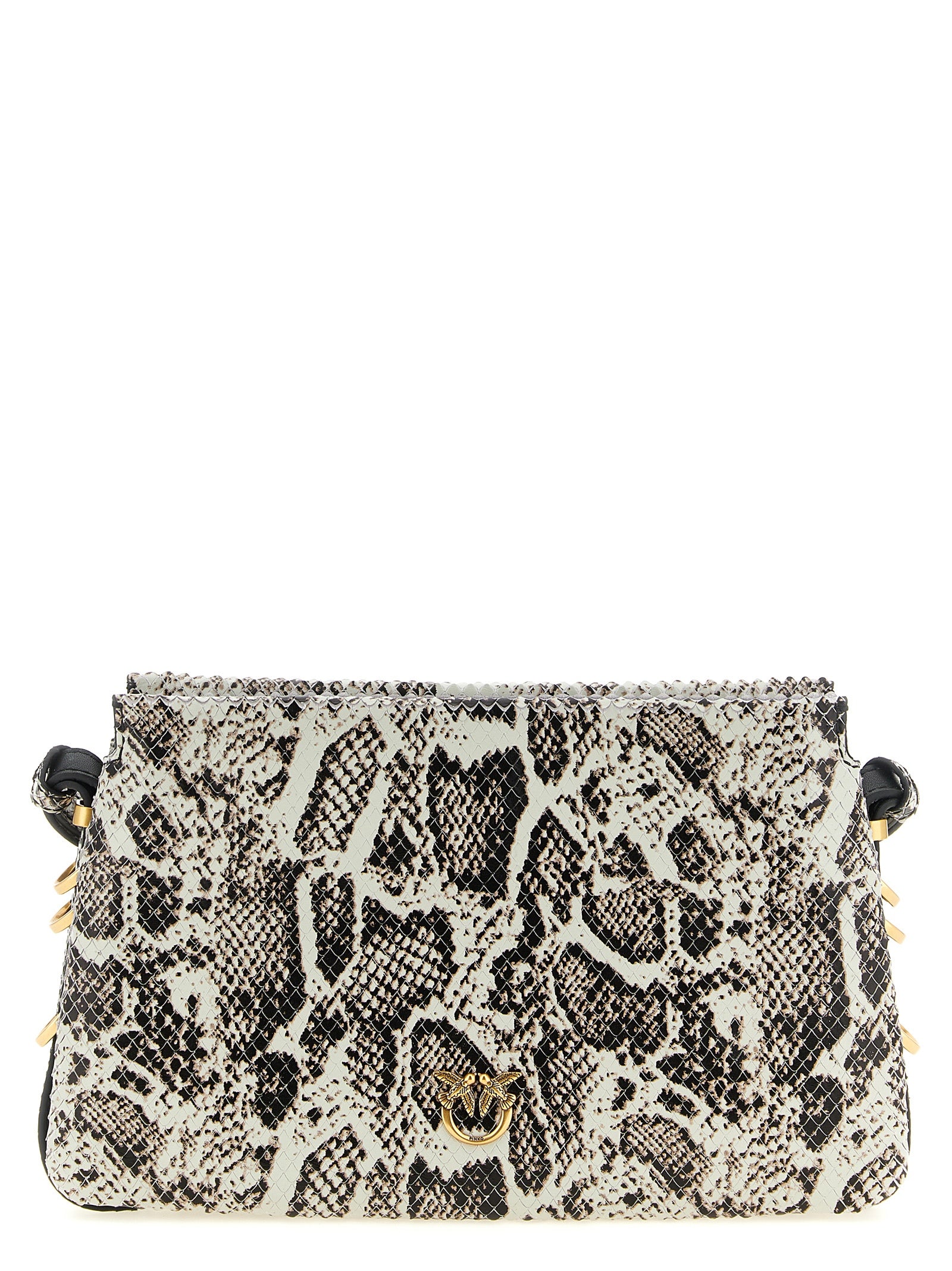 Mini Crossbody Handbag by PINKO for women in bos taurus calf suede leather black, gold, multicolor, white & print features a transformative sophistication silhouette, showcasing a secure buckle, ample , and versatile crossbody-strap & shoulder-strap for a transformative sophistication look.