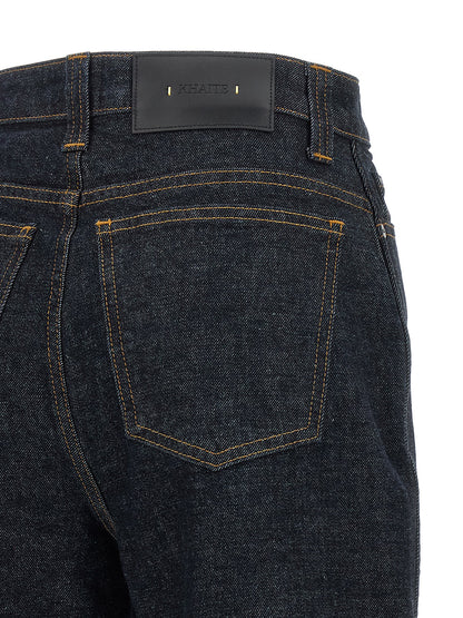 Khaite Women's Flared Wide High Rise Polyurethane Denim Cotton & Leather Jeans - Blue Indigo Mustard Signature