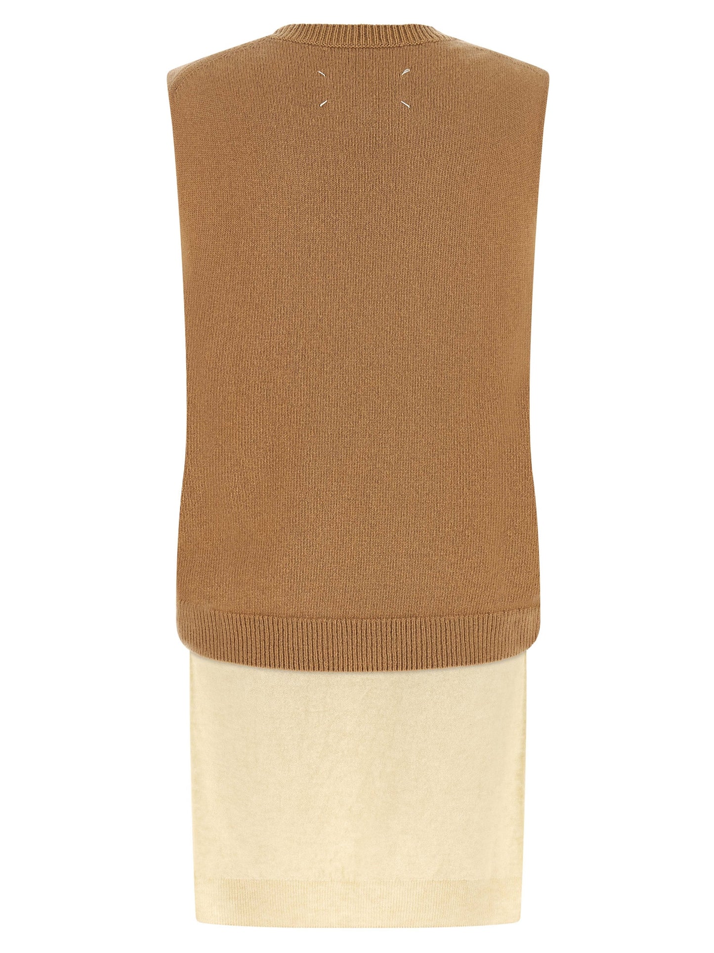 Vest by Maison Margiela for women in virgin wool beige, camel & white features a chic silhouette, expertly detailed with a refined v-neck neckline and premium thermal for a truly chic look.