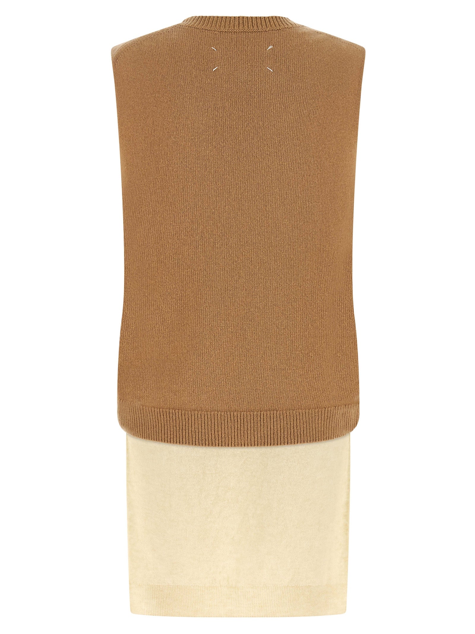 Vest by Maison Margiela for women in virgin wool beige, camel & white features a chic silhouette, expertly detailed with a refined v-neck neckline and premium thermal for a truly chic look.
